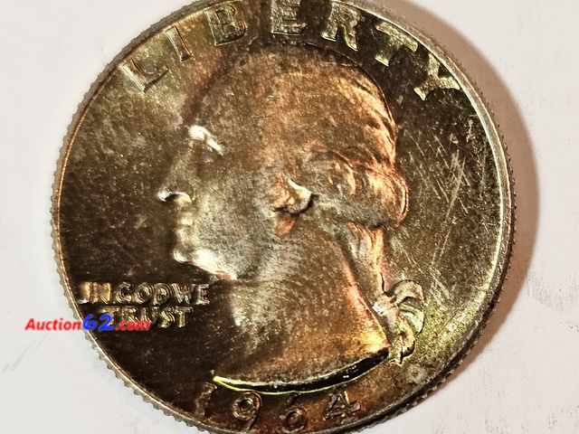 Lot 44-8361j - MONSTER TONED 1964 D WASHINGTON 90% SILVER QUARTER. WHEN YOU CARTWHEEL THE COIN IN THE LIGHT YOU'LL SEE LOTS OF PRETTY YELLOW AND RED TONES....