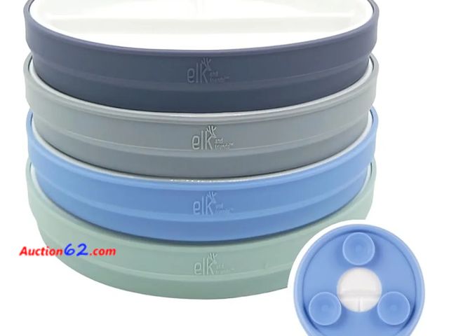 Lot 44-6704g - Elk and Friends Kids 6.7” Porcelain Divided Plates with Silicone Suction Sleeves Appears New, A basic inspection has been given to this item...