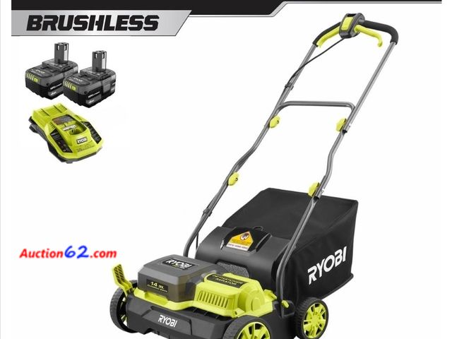 Lot 44-7357n - RYOBI one+ HP HV brushless 14" cordless battery Dethatcher/Aerator with (2) 4.0 Ah batteries and charger, retail $459.00 Appears New, A basi...