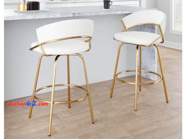 Lot 44-1161g - Retail value $410- Jie 25.75 in. White Faux Leather and Gold Metal Fixed-Height Counter Stool (Set of 2) Appears New, A basic inspection has...