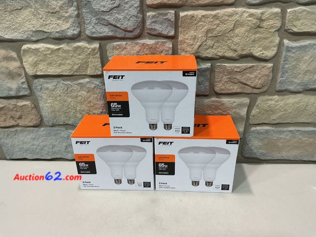 Lot 44-1702f - Lot of (3) Feit Electric LED BR40 Bulbs, Dimmable, 65W Equivalent, 10 Year Life, 850 Lumens, E26 Base, 2700k Soft White, Flood Lights, Reces...