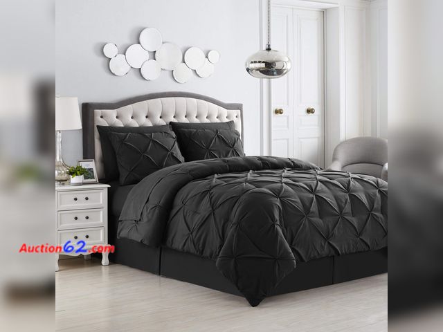 Lot 44-2594w - Queen Comforter Set 8 Piece Bed in a Bag with Bed Skirt, Fitted Sheet, Flat Sheet, 2 Pillowcases, 2 Pillow Shams, Queen, Pintuck Black Appea...