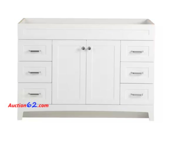 Lot 44-12i - $560  Retail price - Thornbriar 48 in. W x 22 in. D x 34 in. H Bath Vanity Cabinet without Top in Polar White Appears New, A basic inspectio...