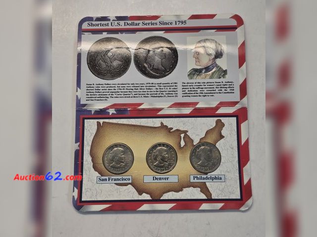Lot 44-8316b - THREE (3) 1979 SUSAN B ANTHONY P,D AND S BRILLIANT UNCIRCULATED DOLLAR SET. $3 FACE. MINTED IN PHILADELPHIA, DENVER AND SAN FRANCISCO! - NT