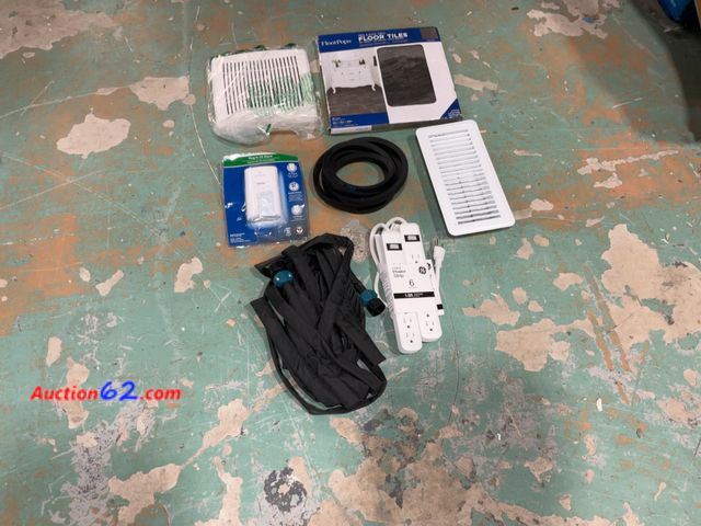 Lot 44-927p - Mixed Brands Home &amp; Garden Miscellaneous Lot - Floor Tiles, Power Strips, Security Alarm, Hoses &amp; Vents, undefined - White, Black, G...
