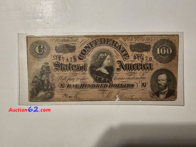 Lot 44-8300w - CONFEDERATE STATES OF AMERICA $100 BILL! FROM RICHMOND. DATED FEB 17TH, 1864.-NT