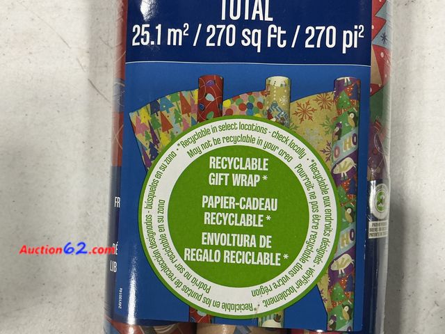 Lot 44-1229j - Recyclable Gift Wrap 3 Rolls 270 sq ft See All Photo's Not Tested Appears New, A basic inspection has been given to this item. Sold AS-IS.