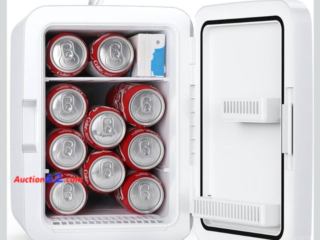 Lot 44-7139i - Compact mini fridge, 10L portable small refrigerator, 2.6 gal mini fridge with AC/DC adapters, white  Appears New, A basic inspection has be...