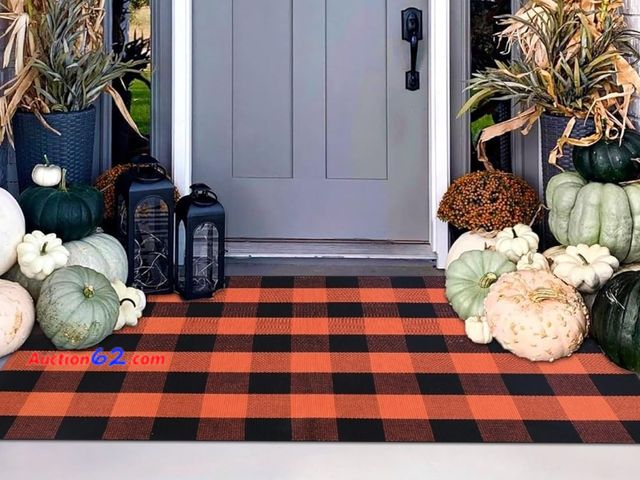 Lot 44-6708p - Orange and Black Plaid Rug, 3' x 5' Fall Outdoor Front Door Decor Mat, Cotton Washable Hand-Woven Rug for Layered Doormat Appears New, A bas...