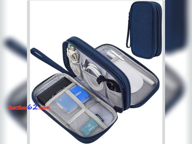 Lot 44-7169j - Lot of (3) Electronic organizer travel cable accessories bag for power bank, charging cords, USB cable, earphones (navy blue) Appears New, A...