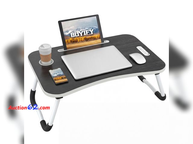 Lot 44-220 - BUYIFY Folding Lap Desk, 23 Inch Portable Wood Black Laptop Bed Desk Lap Desk with Cup Holder, for Working Reading Writing, Eating, Watching...