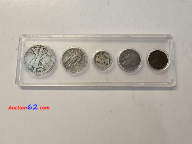 Lot 44-8318s - 1928 YEAR SET W/90% SILVER WALKING LIBERTY HALF DOLLAR, 90% SILVER STANDING LIBERTY QUARTER, 90% SILVER MERCURY DIME, NUFFALO NICKEL AND WHE...