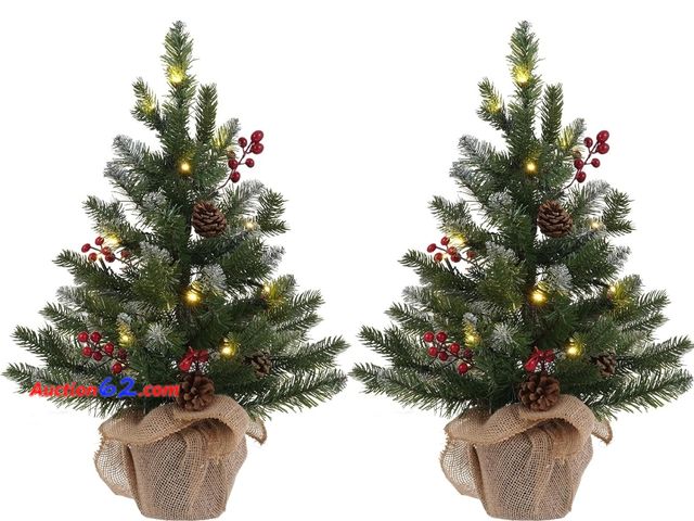 Lot 44-7417r - 2 ft Christmas tree, set of 2  24" PE prelit small artificial table top snow flocked Christmas trees decor with 20 lights timer  E-Commerce ...