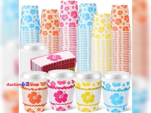 Lot 44-1803 - Mimorou 100 Sets 8 oz Hawaiian Hibiscus Disposable Coffee Cups with Lids and Sleeves, Tropical Floral Paper Hot Tea Cups for Summer Luau Par...