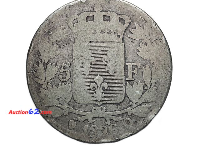 Lot 44-8315m - 1826 Q FIVE FRANCS LOW MINTAGE REALLY OLD SILVER FRENCH COIN! ONLY 345,500 MINTED. 2ND LOWEST MINTAGE THAT YEAR FROM THE PERPIGNAN MINT.-T