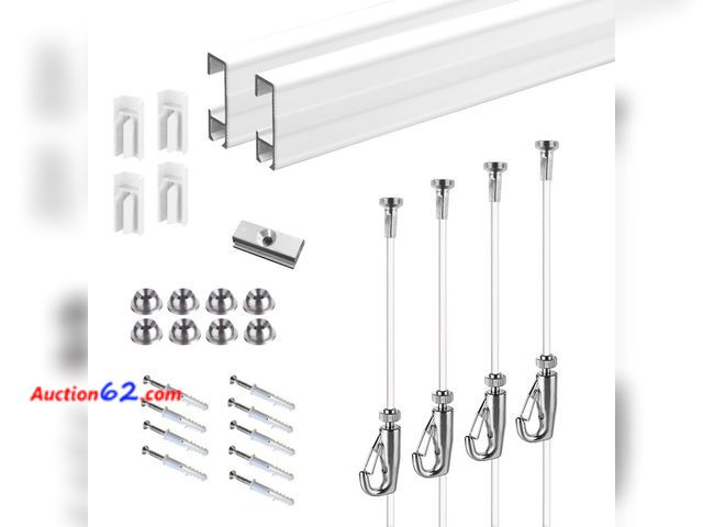 Lot 44-132a - JUNMORE Picture Hanging Systems, for Art Galleries, Home, Two 48inch Rails, Click Rail Kits (2 White Rails 4 Nylon Cords &amp; 4 Hooks) See ...