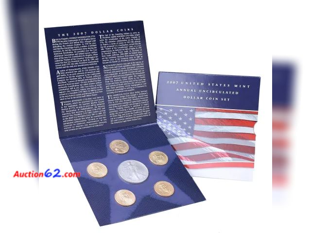 Lot 44-8311p - 2007 ANNUAL UNCIRCULATED DOLLAR 6 COIN SET w/ONE OUNCE PURE .999 FINE SILVER EAGLE, SACAGAWEA AND 4 PRESIDENTIAL DOLLARS. NOTE: THIS IS A ST...