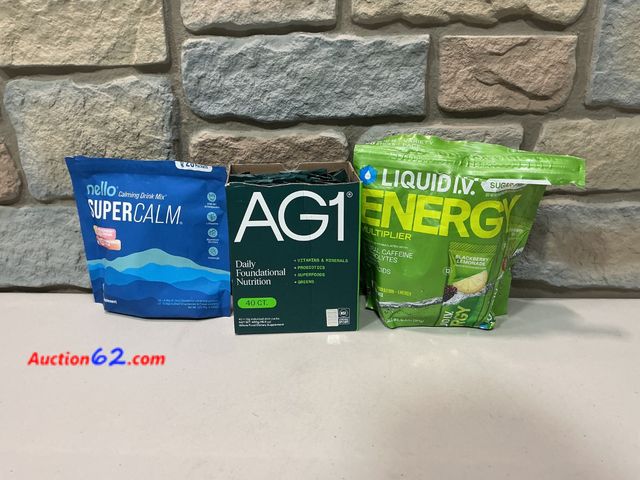 Lot 44-1519b - Nello Super Calm Calming Drink Mix, AG1 Daily Foundational Nutrition, Liquid I.V. Energy Multiplier See All Photo's Not Tested E-Commerce Re...