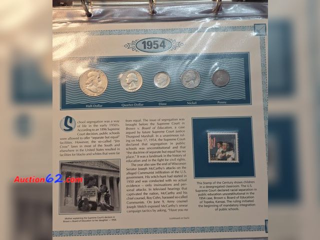 Lot 44-8323p - US COINS OF 1954 COMMEMORATIVE PAGE! COMES WITH A 1954-P 90% FRANKLIN HALF DOLLAR, 1954-P 90% SILVER WASHINGTON QUARTER, 1954-D 90% SILVER R...