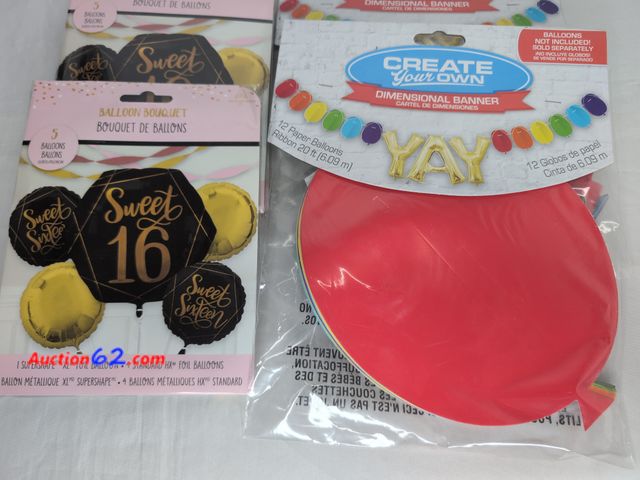 Lot 44-5520o - Lot of Sweet 16 balloons (3 - 5 packs, 15 balloons) and 3 Create Your Own Banners paper balloon banners. Appears New, A basic inspection has...
