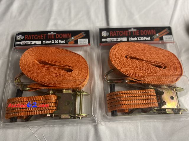 Lot 44-2105f - New. 2 Ratchet Tie Downs. 2 inch X 30 feet each. Used for truckload tie down. Trailer load tie down. Great to tie down SUV’S, ATV’S, golf ca...