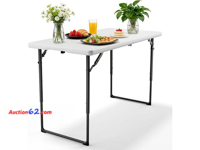 Lot 44-5518o - 4ft Folding Table with Adjustable Height, Heavy Duty Fold-in-Half Plastic Table with Steel Legs, Portable for Indoor, Outdoor, Picnic, Campi...
