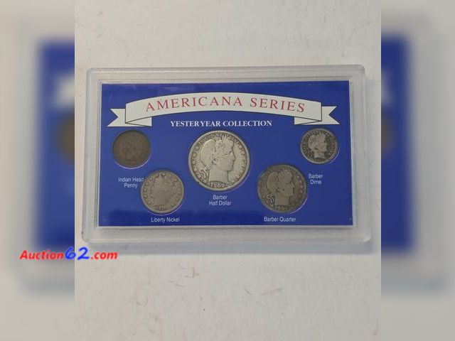 Lot 44-8401w - YESTERYEAR COLLECTION W/BARBER 90% SILVER HALF DOLLAR, BARBER 90% SILVER QUARTER, BARBER 90% SILVER DIME, LIBERTY HEAD "V" NICKEL, AND INDIA...