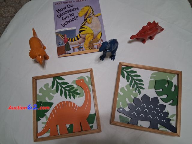 Lot 44-2024o - Two new with tags Dinosaur pictures, Hobby Lobby tag price 14.99 each.  Three Dinosaurs glass figures.  One new How Do Dinosaurs go to Schoo...