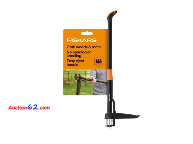 Lot 44-774 - Fiskars Deluxe Stand-Up Weed Puller Tool, 4 Serrated Stainless Steel Claws See All Photo's Not Tested Appears New, A basic inspection has be...