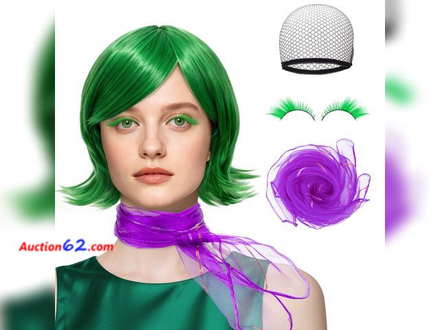 Lot 44-9061 - Retail of $49.99-AKTEAM Women Green Costume Disgust Wig, St. Patrick's Day Costumes Scarf and False Eyelashes, Short Wavy Green Cosplay Wigs...