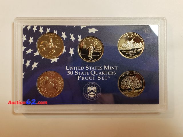 Lot 44-8548f - 1999 STATE QUARTER PROOF SET W/DELAWARE, PENNSYLVANIA, NEW JERSEY, GEORGIA AND CONNECTICUT QUARTERS IN ORIGINAL US MINT PACKAGING. FIRST YEA...