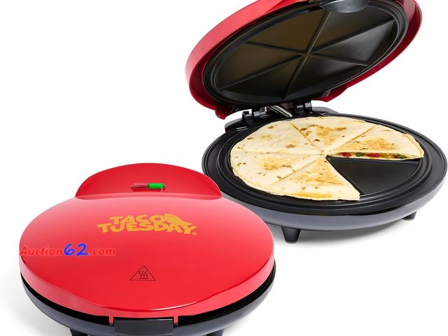 Lot 44-5687g - (Bottom is cracked but still functional and working) Taco Tuesday Deluxe 10-inch 6-Wedge Electric Quesadilla Maker with Extra Stuffing Latch...