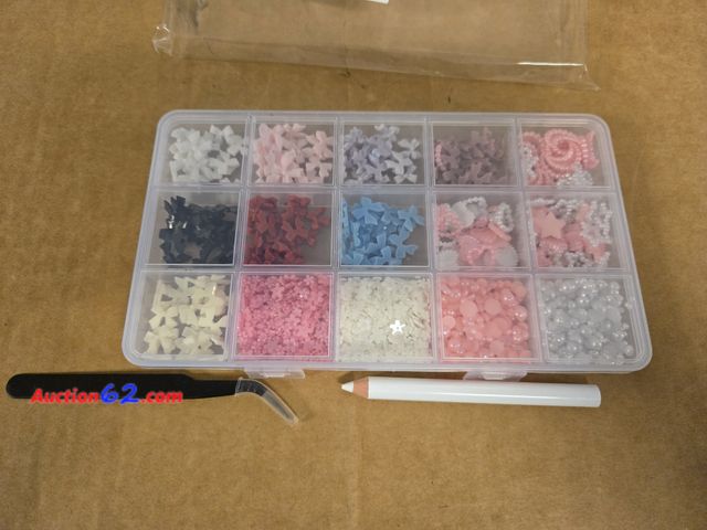 Lot 44-6546r - Bellelfin 3D Mix Nail Charms Kit, 1000Pcs Colorful Bow Pearl Flowers Rhinestones Nail Art Charms with Tweezer Pickup Pencil for Nail Art DIY...