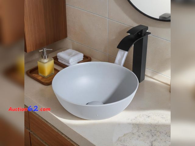 Lot 44-774w - Lonuebu 13 Inch Grey Vessel Sink Stone Resin Round Bathroom Basin Compact Vessel Sinks Top Mount Sink Bowls for Small Bathrooms Vanities Spa...
