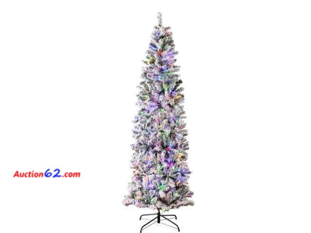 Lot 44-6954w - 7.5ft Pre-Lit Snow Flocked Artificial Pencil Christmas Tree w/ Warm White or Multicolor Lights Appears New, A basic inspection has been give...