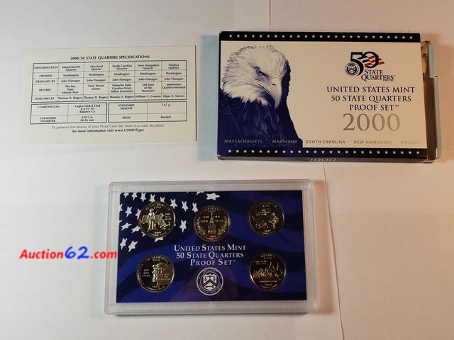 Lot 44-8527p - 2000S CLAD PROOF STATE QUARTER SET W/MASSACHUSETS, NEW HAMPSHIRE, MARYLAND, SOUTH CAROLINA AND VIRGINIA. COMES IN ORIGINAL US MINT GOVERNMEN...