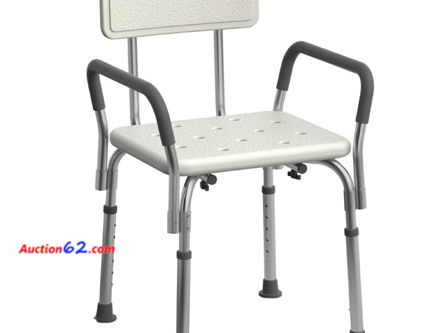 Lot 44-136a - Medline Shower Chair Seat with Padded Armrests and Back, Heavy Duty Shower Stool for Bathtub, Slip Resistant Shower Seat with Adjustable Hei...