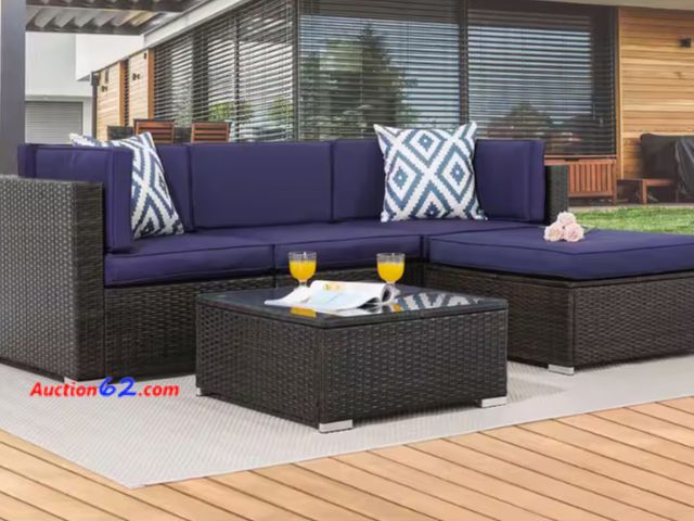 Lot 44-27g - Retail value $665- 5-Piece Wicker Patio Conversation Sectional Seating Set with Navy Blue Cushions Appears New, A basic inspection has been ...