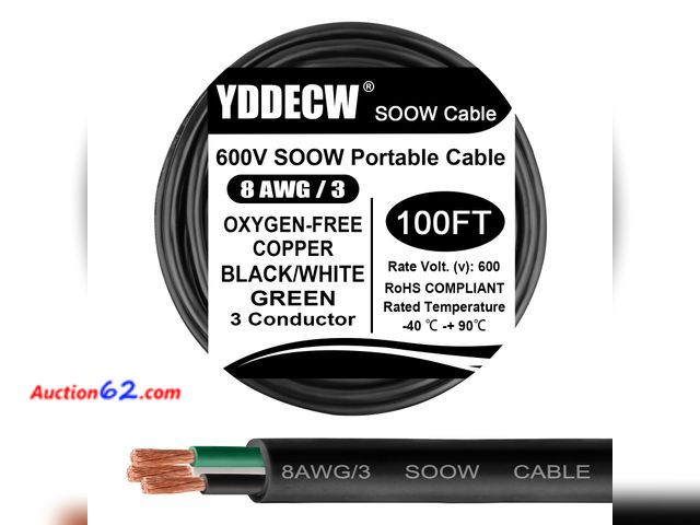Lot 44-1163o - $316.99 Retail price - YDDECW 100ft 8/3 8 AWG Portable Power Cable (3 Conductor) - SOOW 600V 8 Gauge Electric Wire for Motor Leads, Portable...