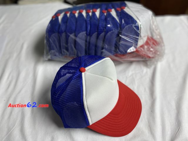 Lot 44-2000o - New. Twelve red/white/blue mesh back hats. Good to print logos on. See photos. Appears New, A basic inspection has been given to this item. ...