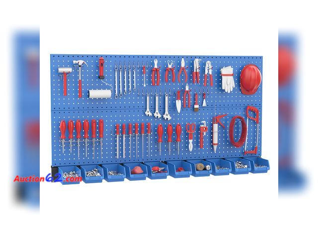 Lot 44-680o - $79.99 Retail price - Ultrawall Pegboard Wall Organizer, Blue Metal Peg board Panels, Garage Storage System with Hooks and Storage Bins, 59p...