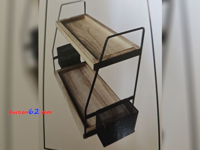 Lot 44-6943b - Countertop Organizer with 2 Hanging Baskets, 2-Tiered Skincare and Cosmetic Organizer, Wooden Light Brown Appears New