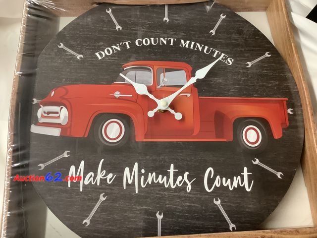 Lot 44-7578t - Ol’ red truck clock “Don’t count minutes, make minutes count”. Approximately 13 inches.new. See All Photo's Not Tested Never opened, Factory...