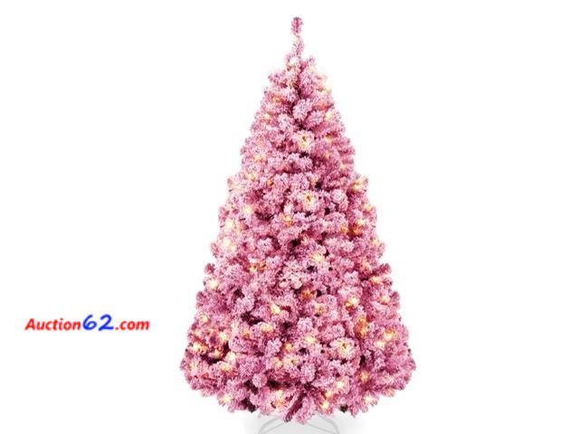 Lot 44-6957w - 4.5ft Prelit Pink Christmas Tree, Snow Flocked Full Holiday Decor w/ Metal Base Appears New, A basic inspection has been given to this item....