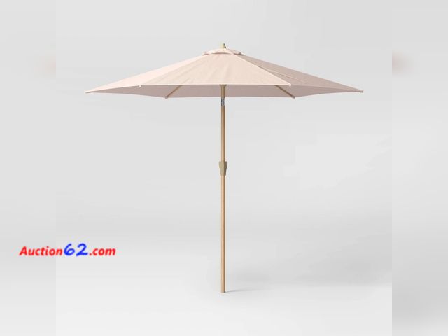 Lot 44-916 - 9' Round Checkered Outdoor Patio Market Umbrellas Red with Faux Wood Pole - Threshold™ See All Photo's Not Tested Appears New, A basic inspe...