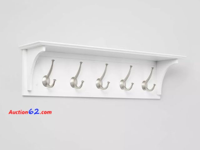 Lot 44-1533w - Wood Entryway with Shelf Ivory - Threshold™: Wall Mounted Coat Rack with 5 Hooks, Silver Plated Finish Not Tested See All Photo's E-Commerce...