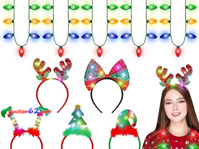 Lot 44-9064i - Retail of $17.99-Blowata 10PCS Christmas Light up Headbands LED Xmas Bulb Necklaces Set Appears New, A basic inspection has been given to th...