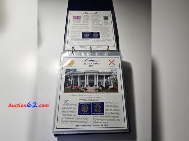 Lot 44-8322i - HUGE STATE QUARTER AND STAMP COLLECTION. HAS FORTY TWO (42) P AND D QUARTERS AND TONS OF STAMPS. EACH PAGE HAS INFO ABOUT THE STAMPS AND THE...