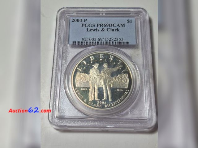 Lot 44-8315j - 2004-P LEWIS AND CLARK 90% SILVER COMMEMORATIVE DOLLAR GRADED PR69DCAM BY PCGS. 1 POINT SHY OF A PERFECT COIN! MINTED IN PHILADELPHIA.=NT