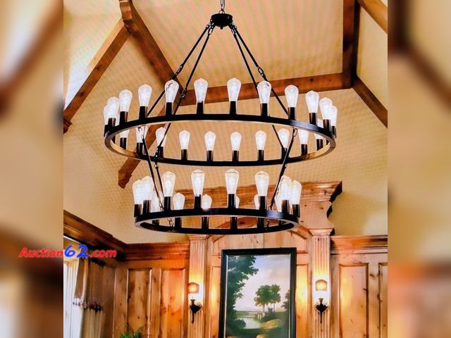 Lot 44-7237e - 48 inch black extra large wagon wheel chandelier, 2-tier 36-light farmhouse industrial round high ceiling pendant light adjustable chain E-C...